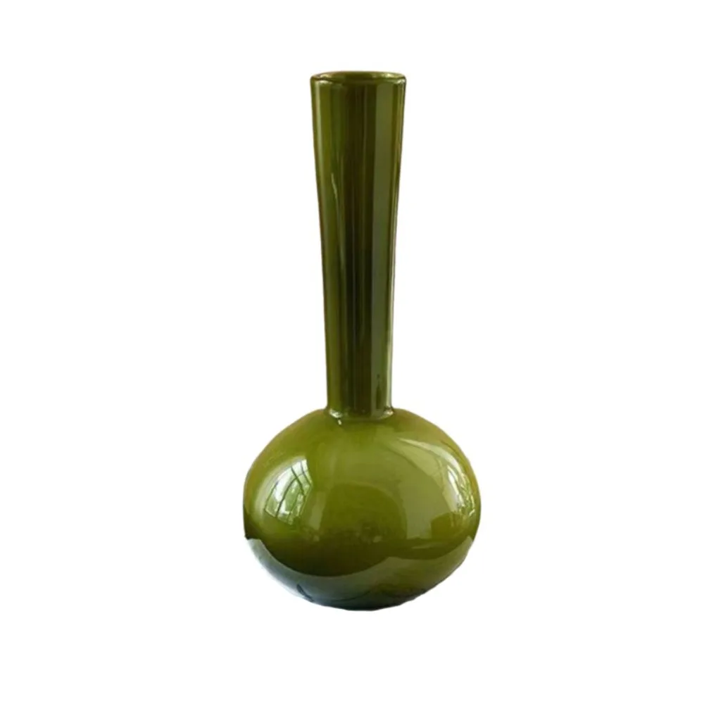 Desktop Flower Ware Olive Green French Vintage Vase Glass Luxury Hydroponic Vase Unique Swan Neck Artistic Planter Living Room