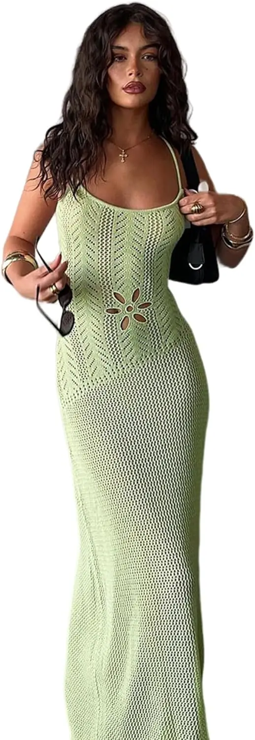 Women's Crochet Knitted Halter Maxi Dress Sexy Hollow Out V-Neck Lace Up Backless Bodycon Beach Holiday Long Dress Hot dress