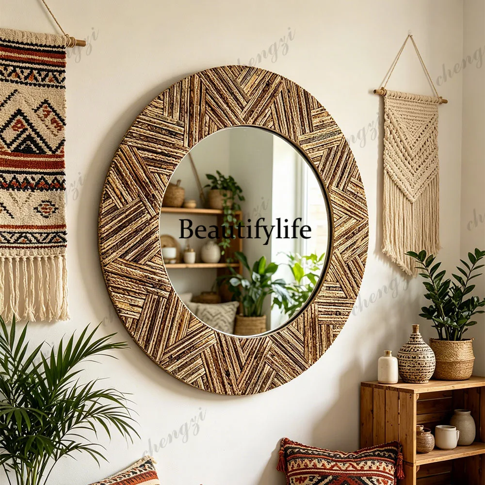Round solid wood frame round mirror, retro log wall hanging decorative mirror in the living room entrance