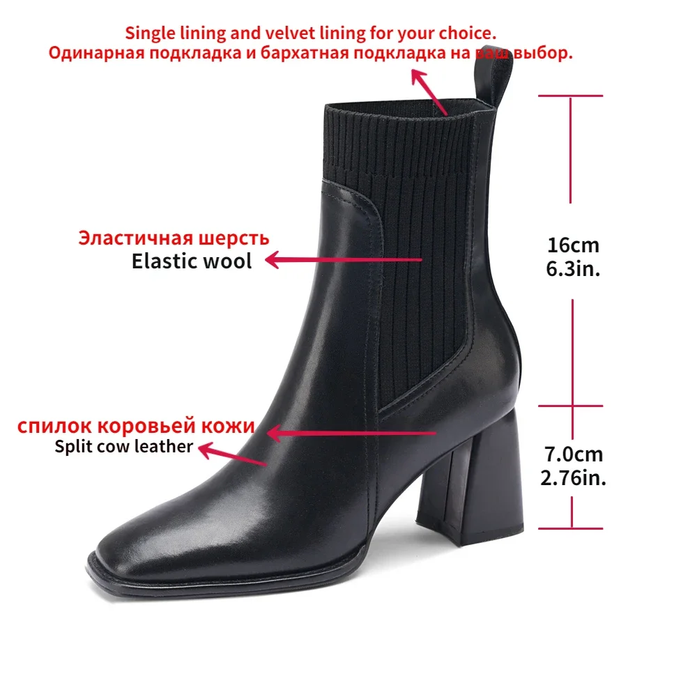 Women Ankle Boots Split Cow Leather Chunky High Heel Knitted Wool Slip on Quality Designer Spring Fall Sock Boots Big Size 42