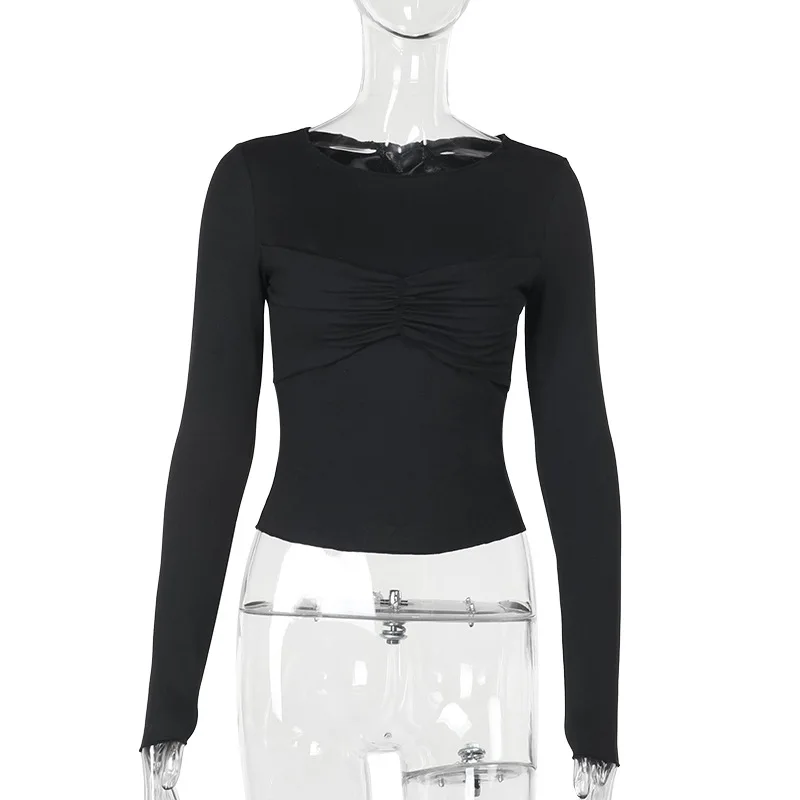 Pleated Casual Long Sleeve T-shirt Top Female Slim Cropped Patchwork Solid Fashion High Waist Pullover Women's Summer Tee