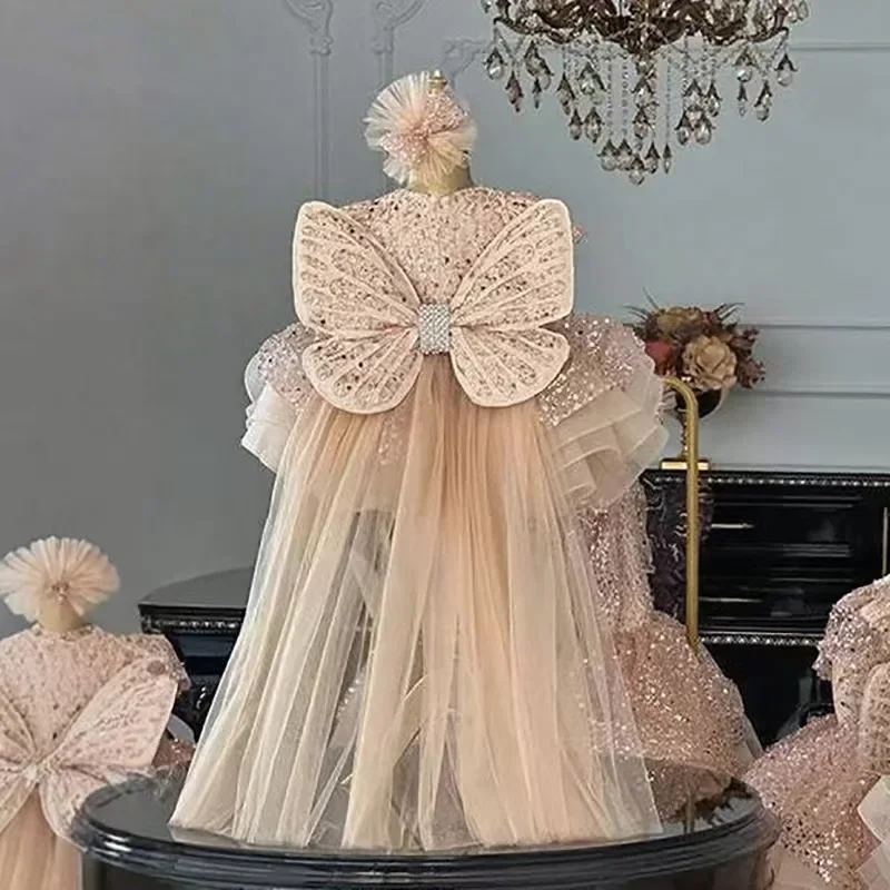 JDY Custom Girl Dress with TrainPrincess Big Bow Children Wedding 1st Birthday Party Pageant Festival Evening Gown