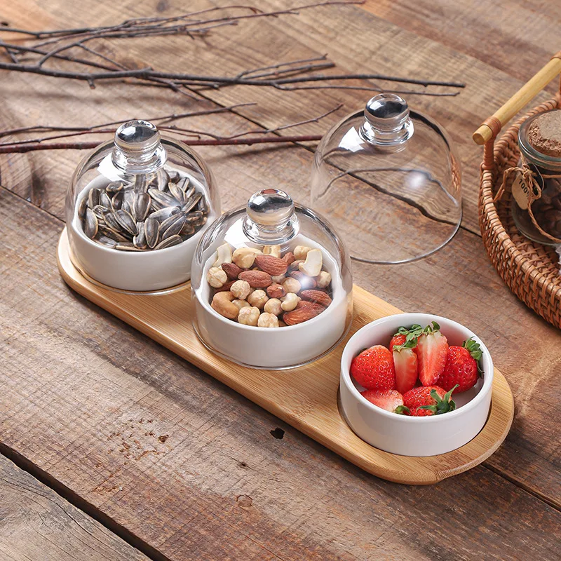 Creative Ceramic Snack Tray with Glass Lid, Afternoon Tea Dessert Baking Bowl Household Snack Tray Fruit Dried Fruit
