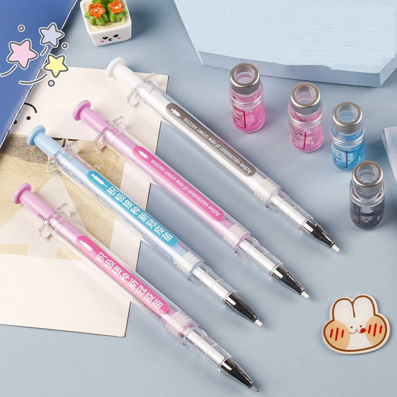 60PCS Chinese version Syringe Gel Pen Simulation Eliminates Injection Syringe Shape Ballpoint Pen