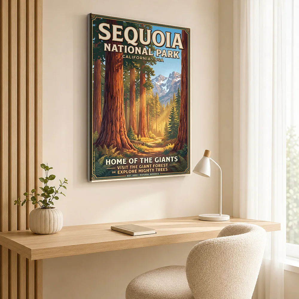 Sequoia National Park Vintage Framed Canvas Print Poster Customized Travel Landscape Canvas Wall Art for Bedroom Hallway Decor