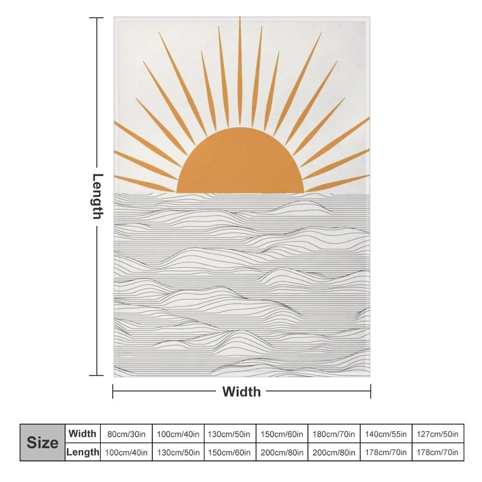 Minimalist Half Sun with Waves Drawing Doodle Art Print. Printable Modern Sunrise Illustration Decor Throw Blanket