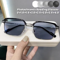 Color Changing Anti Blue Light Eyewear Trendy Men Half Frame Photochromic Reading Glasses High Definition Clear Lens Glasses