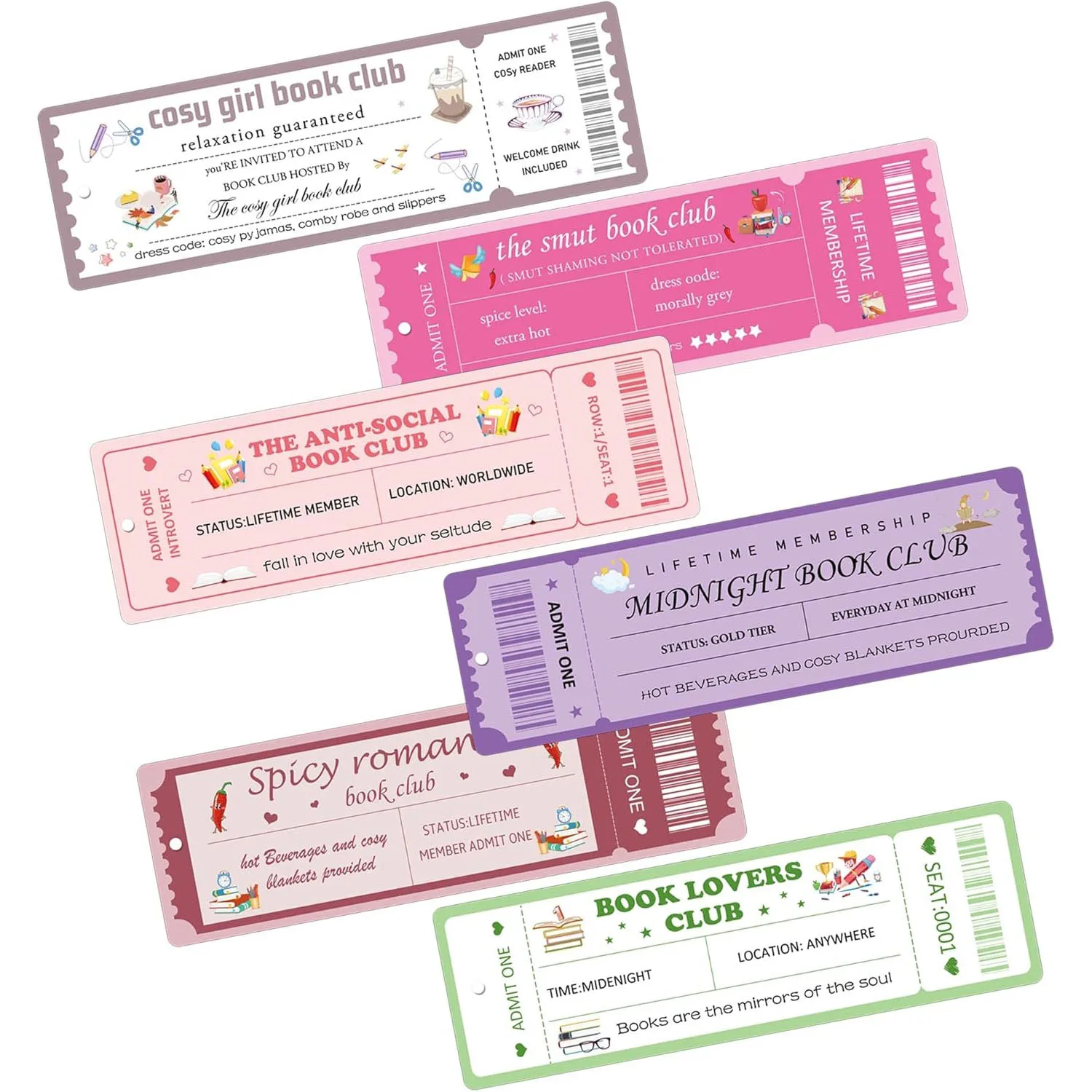 6Pcs Book Lovers PVC Bookmarks with Strings, Exquisite Ticket Designed Bookmark, Book Club Gifts for Women, Book Accessories