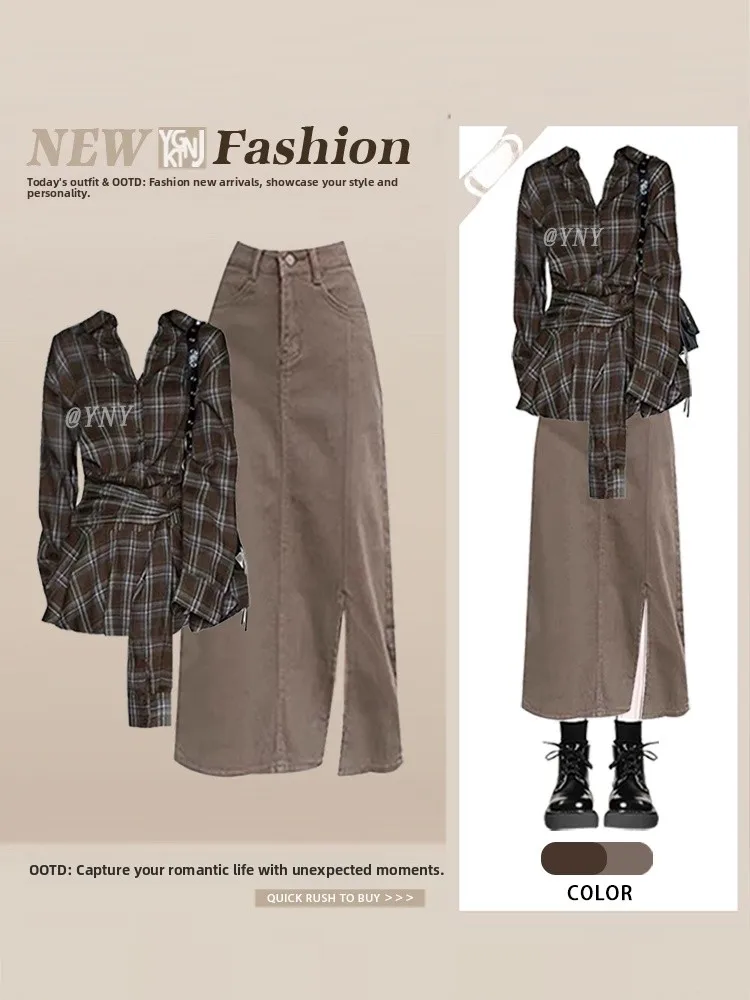 

Ретро-корейский комплект из двух предметов: женская осенняя юбка-карандаш из денима с разрезом и рубашка в клетку с завышенной талией, повседневный свободный крой для взрослых