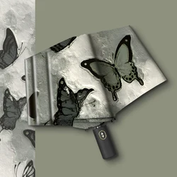 Retro Oil Painting Butterfly 3 Folding Durable Wind-resistant Sun Umbrella UV Ultraviolet Protection