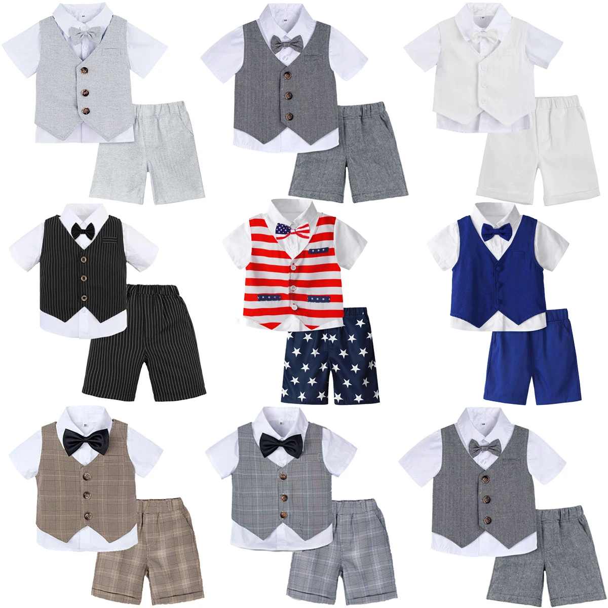 3PCS Baby Kids Boys Clothing Sets Child Wedding Formal Suit Outfit Toddler Summer White Shirt with Bow Tie+Vest+Shorts Costumes