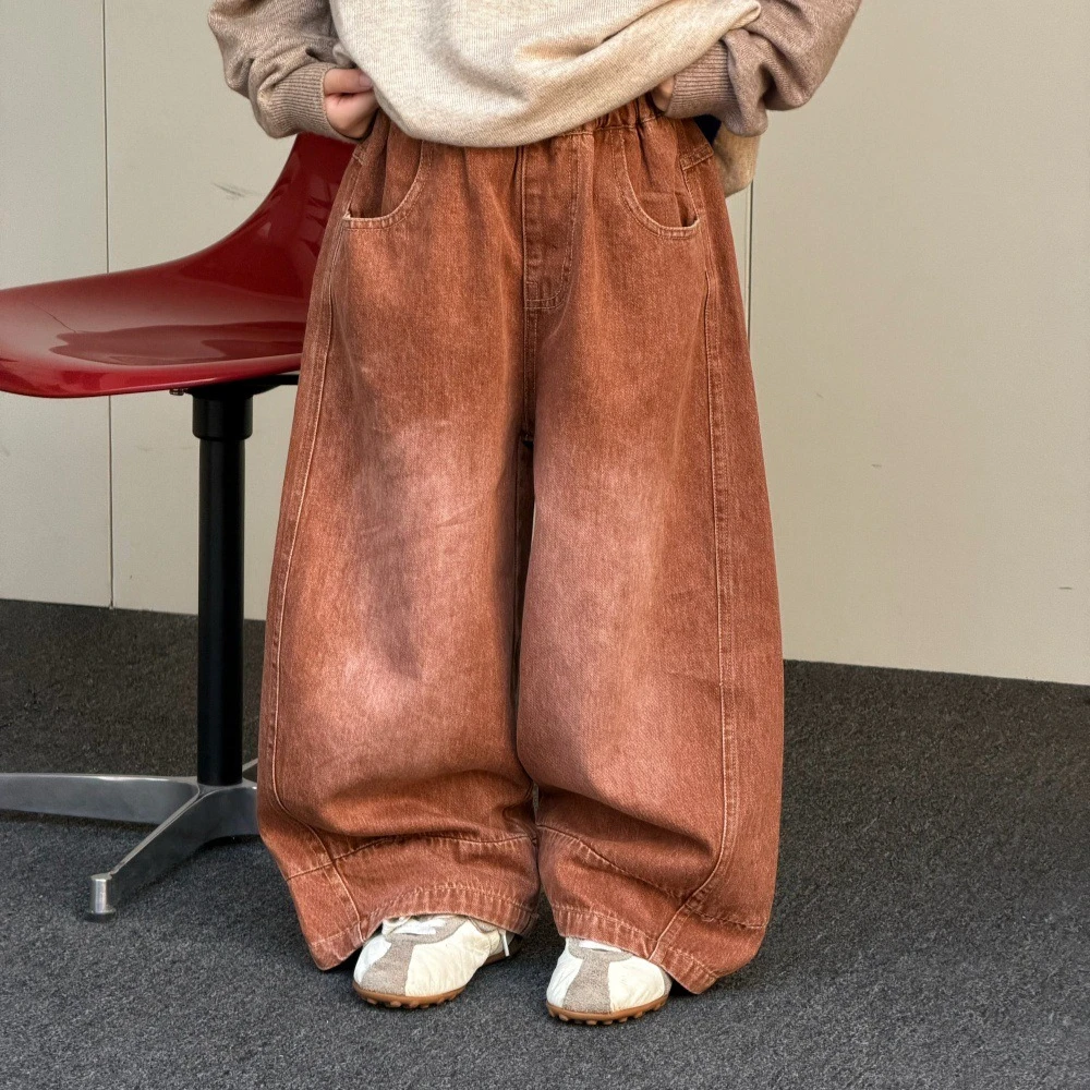 Boys' Suit 2026 Spring and Autumn New Children's Wear Boys' and Girls' Contrast Color Sweater Wash Wide Leg Jeans Two-piece Set