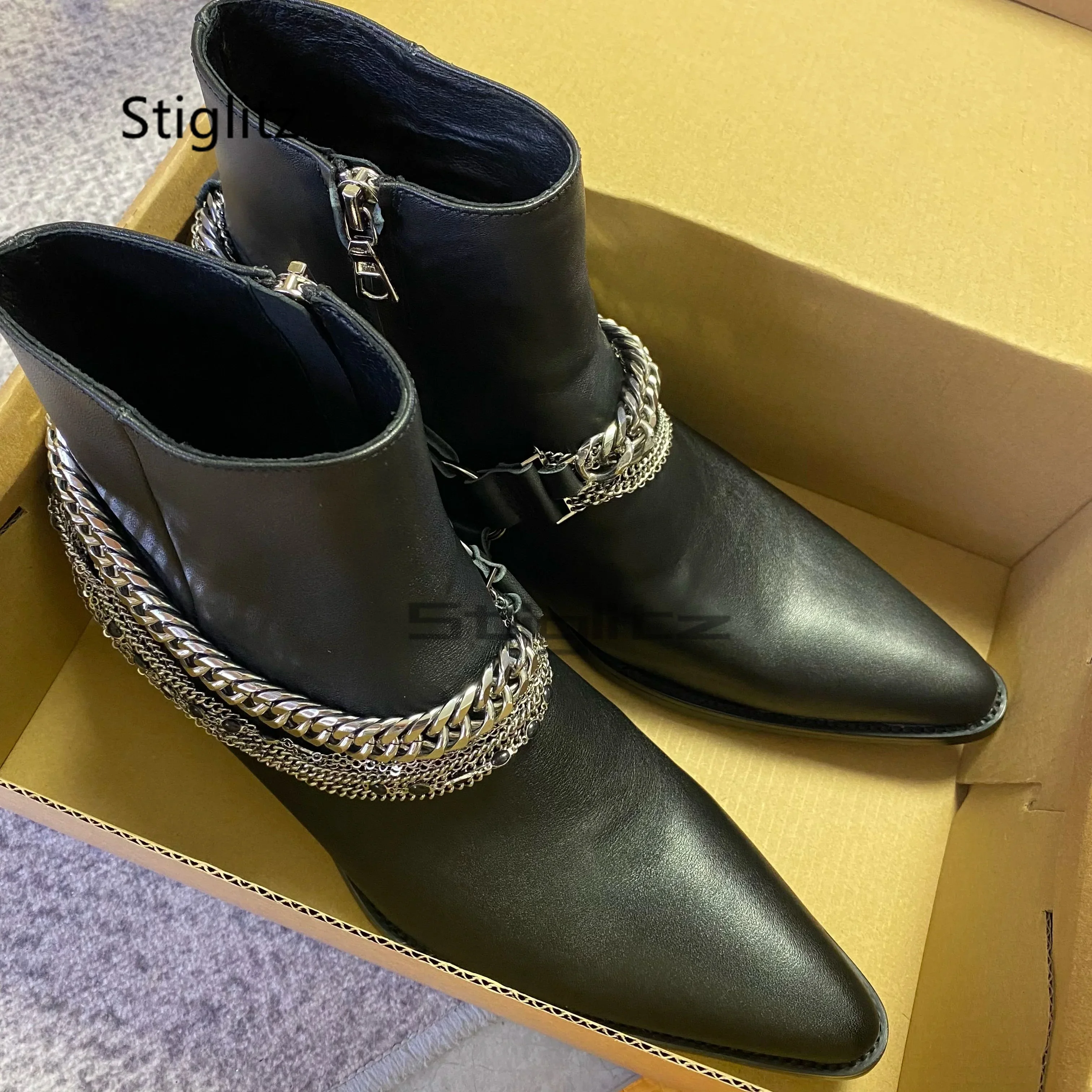 Black Genuine Leather Chain Boots for Men British Pointed Toe Chelsea Boots Chunky Heels Ankle Boots Handmade Business Shoes