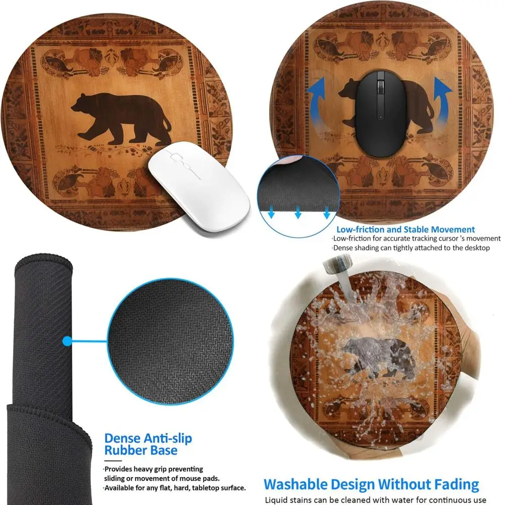 

8-Inch Bear Round Comfort Gaming Mouse Pad with Stitched Edge, Non-Slip Rubber Base, Waterproof and Washable Computer Mouse Mat