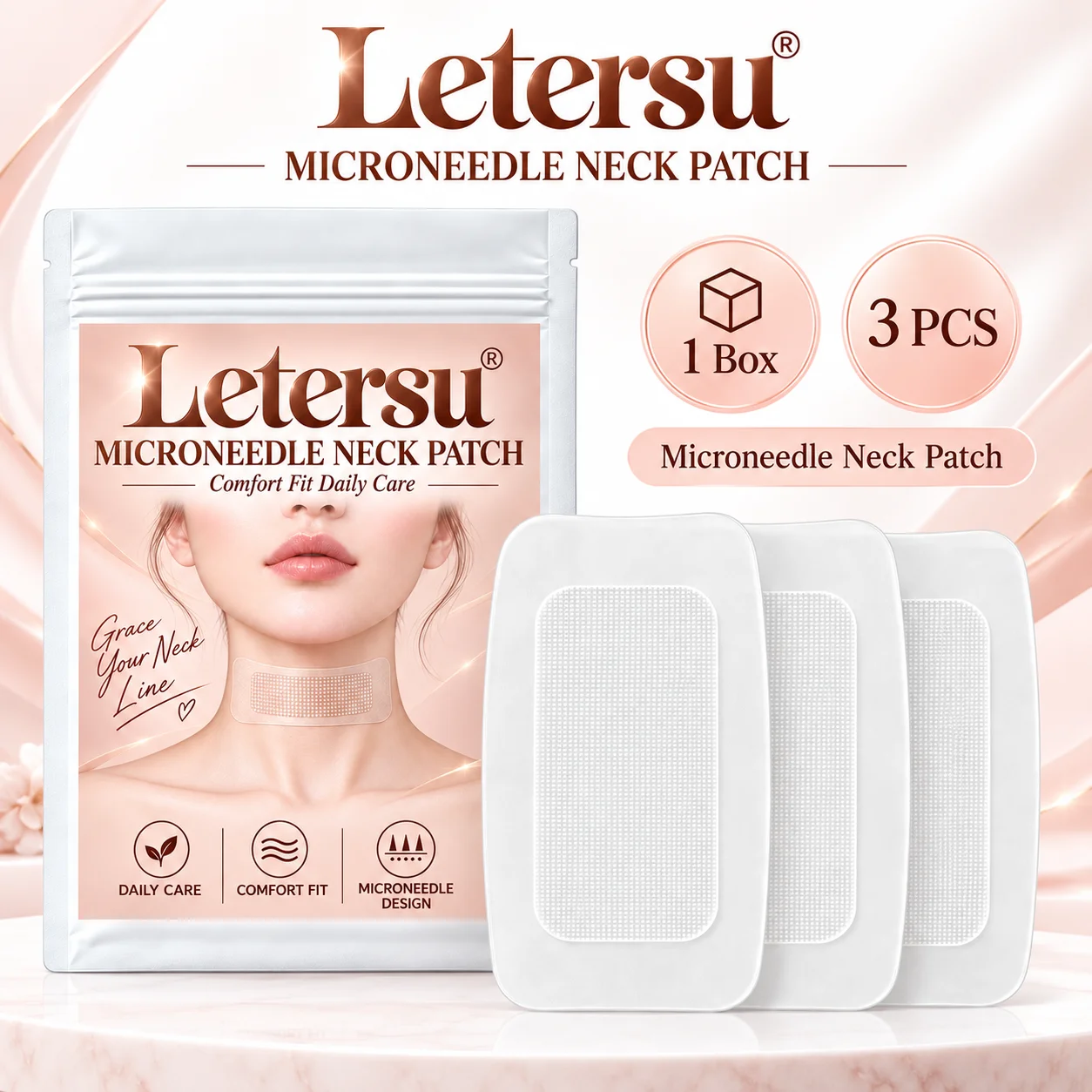 3PCS Microneedle Neck Patches, Micro Needle Neck Care Stickers, Comfortable Fit Ultra Thin Beauty Patches for Daily Night Care