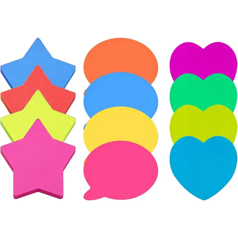 12 Pads Heart & Star Shaped Sticky Notes Neon Fluorescent Memo Pads Cute Kawaii Stationery School Office Journaling Supplies