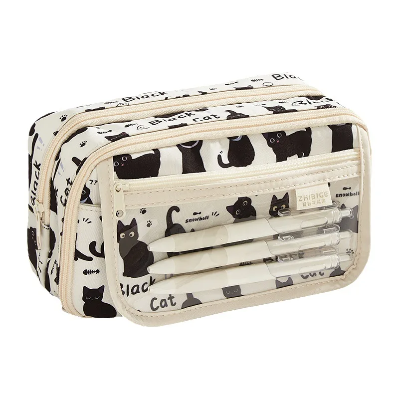 Ins Little Black Cat Pain Case For Girls Transparent Pencil Box Large Capacity Student Korean Version Printed Multi-Layer