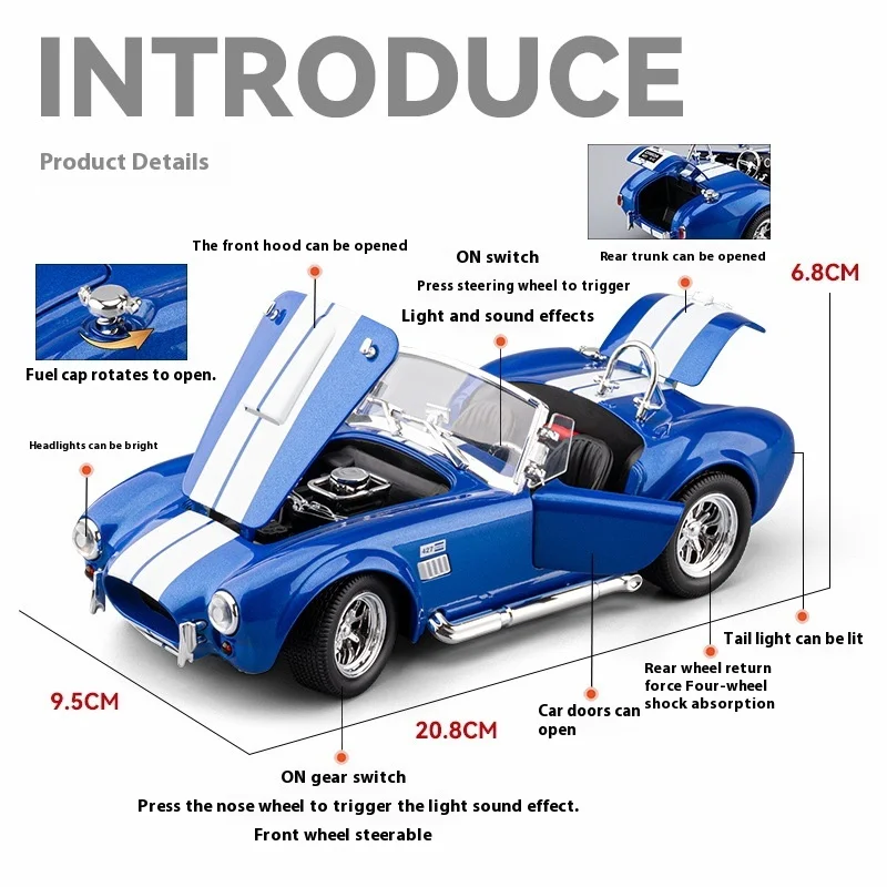 Simulation 1/24 Shelby Cobra 427 S/C Vintage Convertible Car Model Diecast Toy Vehicle Pull Back Sound and Light Metal Boy Gift