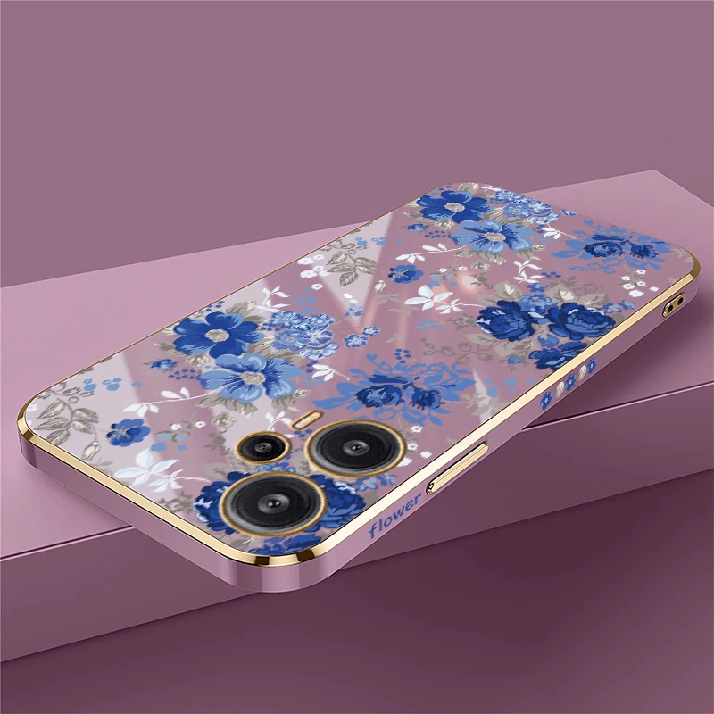 Flower Print Phone Case For Xiaomi Poco F6 Pro F 6 F5 F3 C40 C31 Silicone Shockproof Plating Lens Protection Soft TPU Cover