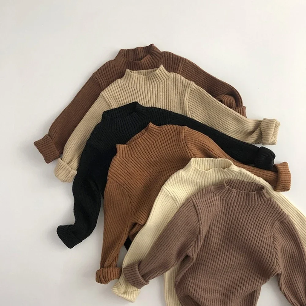 

Новый модный однотонный свитер для девочек, осенне-зимняя детская вязаная базовая рубашка цвета хаки, детский топ с длинными рукавами и высоким воротом