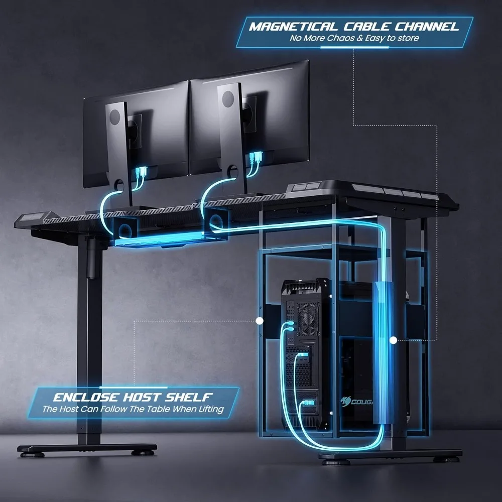 مكتب ألعاب مريح مضاء بإضاءة LED مع سطح 55 × 24، وتطبيق مزامنة الموسيقى، ورف إدارة الكابلات