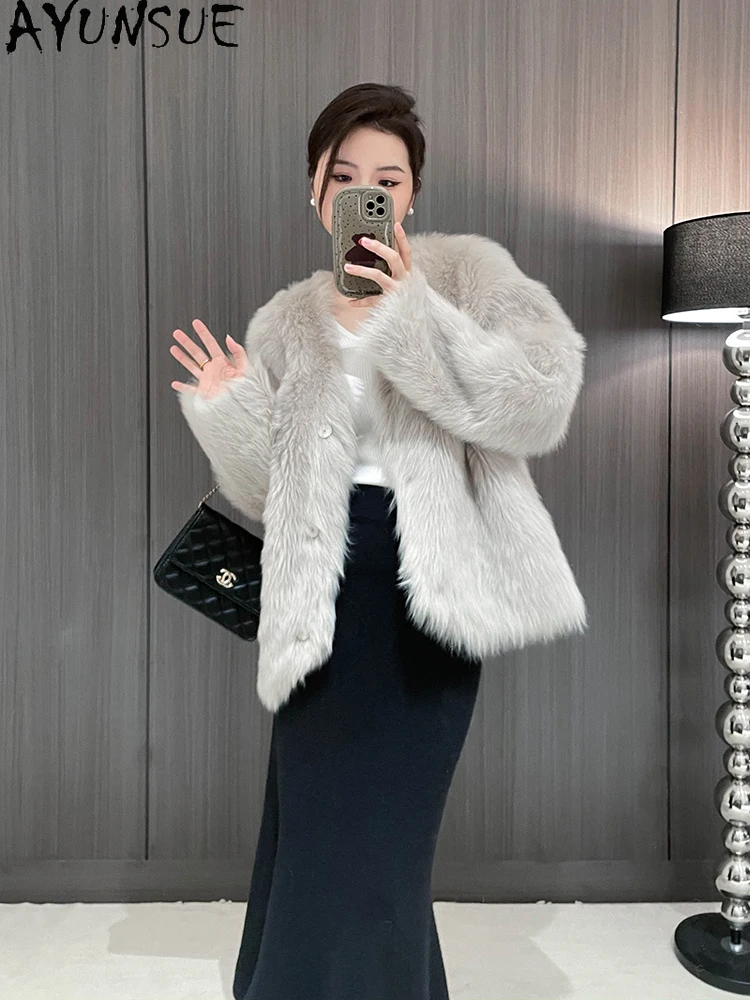 AYUNSUE 2025 Nowa Kurtka Damska z Shearlingu Dekolt V Krótka Kurtka z Jagnięcej Skóry Damska Odzież Naturalna Wełna Nowość w Odzieży Wierzchniej Abrigo Mujer