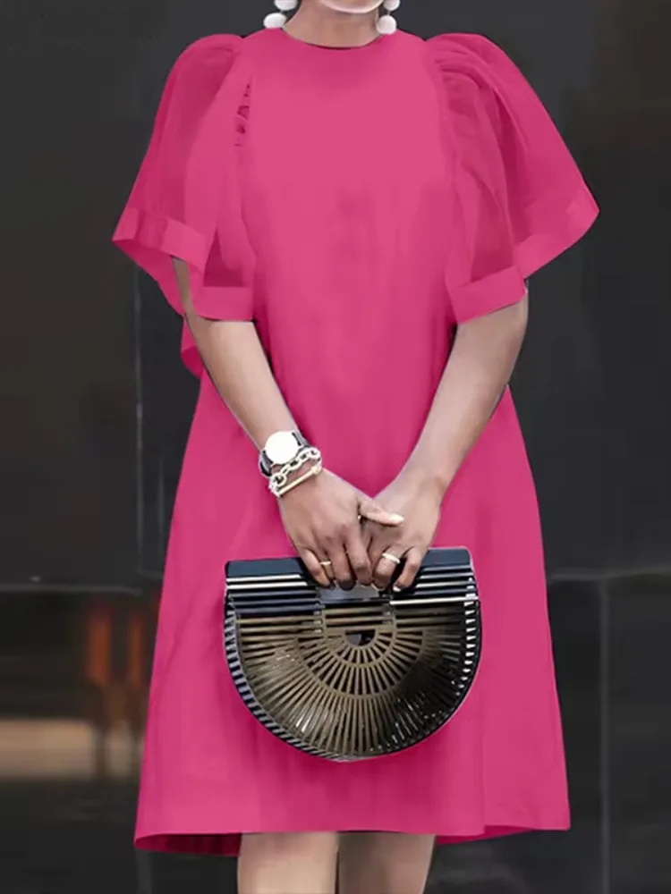 Yeezzi Modisches durchsichtiges Puffärmel-Party-Abschlussball-Midi-Kleid für Damen, einfarbig, geteiltes Gelenk, lockerer O-Ausschnitt, elegantes Bürokleid