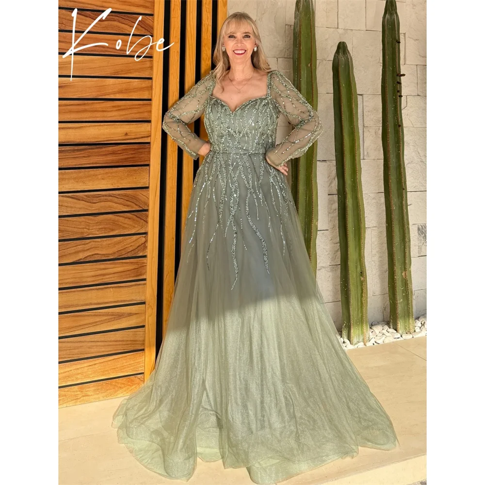 

Kobe Green A-Line Prom Dresses 2025 V-Neck Long Sleeve Customized فساتين سهرات Court Train Elegant vestido de gala noche mujer