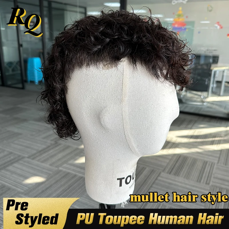 Pre Styled Men's Toupee 100% Real Human Hair PU Toupee For Men Mullet PU Base Toupee Hair Replacement System Piece Protesis Male