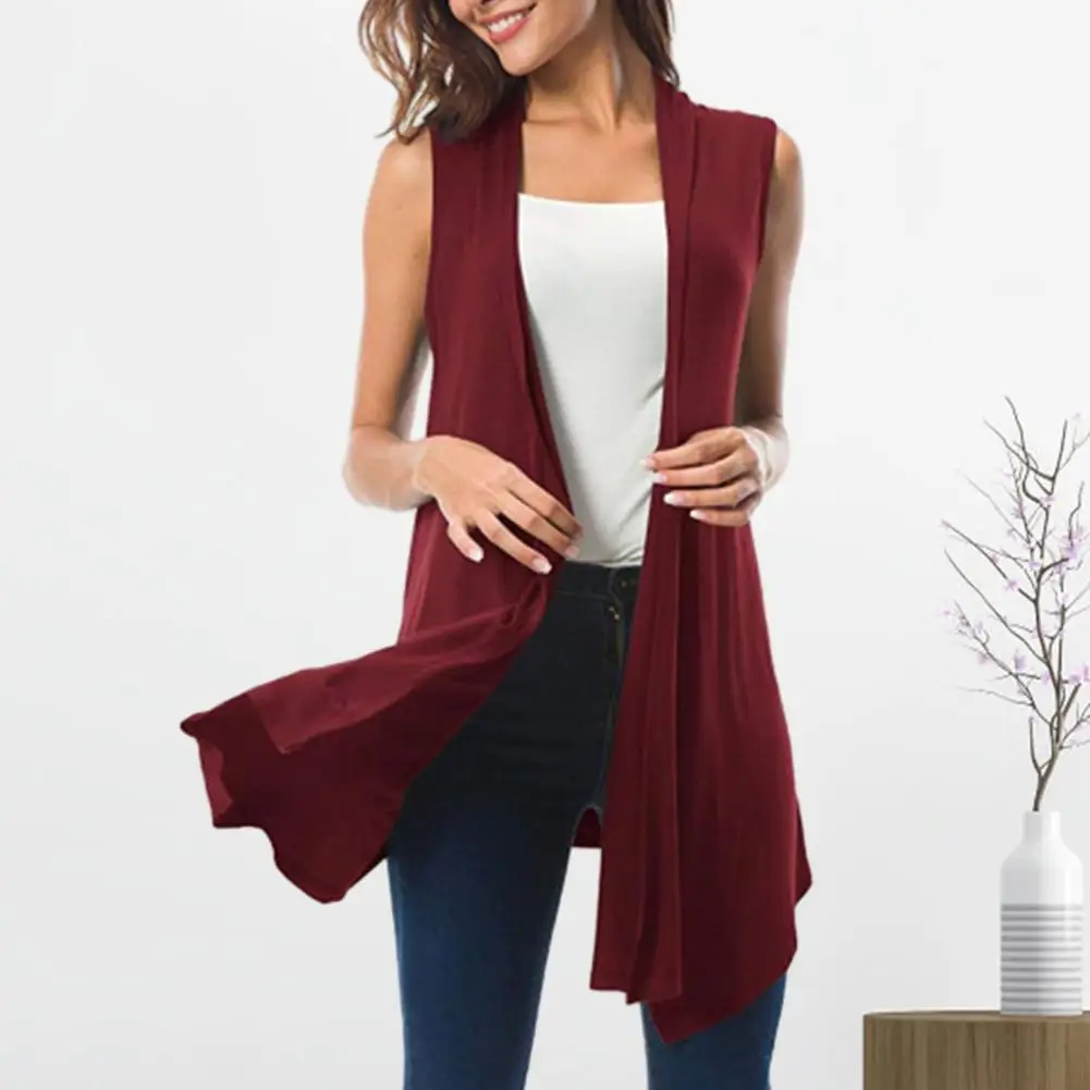 Women Sleeveless Cardigan Vest Summer Open Front Draped Tank Top Mid-length Asymmetric Hem Waistcoat Lightweight Coat