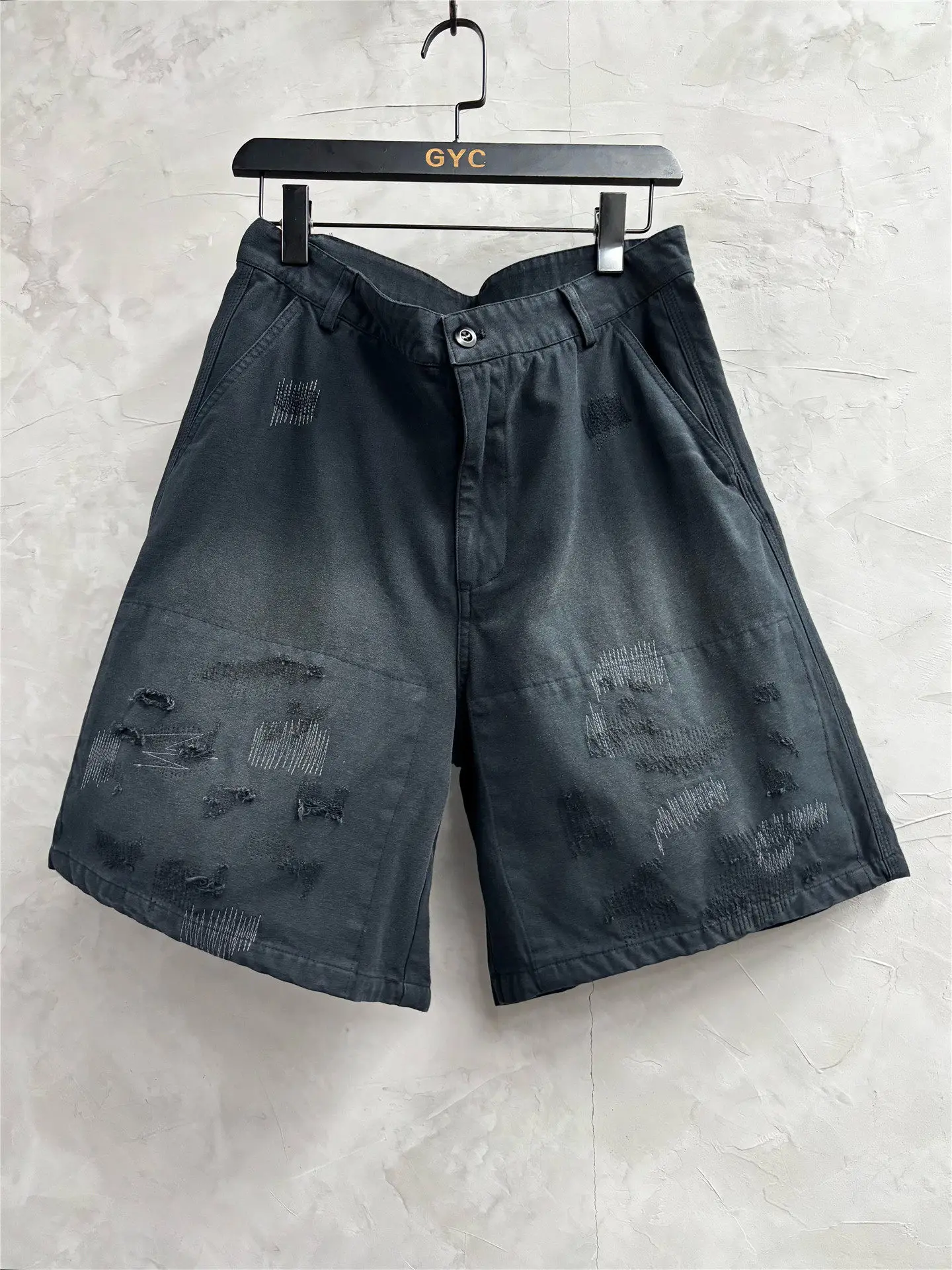 American Style Retro Washed Embroidery Worn-out Overalls Short Pants Personalized Handsome Trendy Half Summer Casual Middle Men