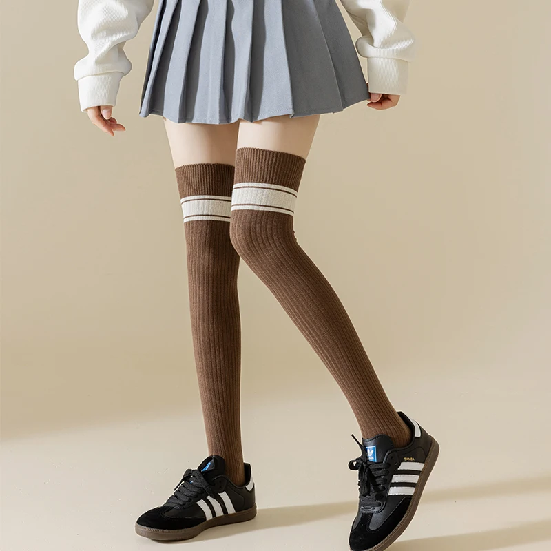 Spring and Autumn Women\'s Student Long Socks Double Needle Campus Style Cotton Vertical Stripe Showing Thinness Knee High Socks