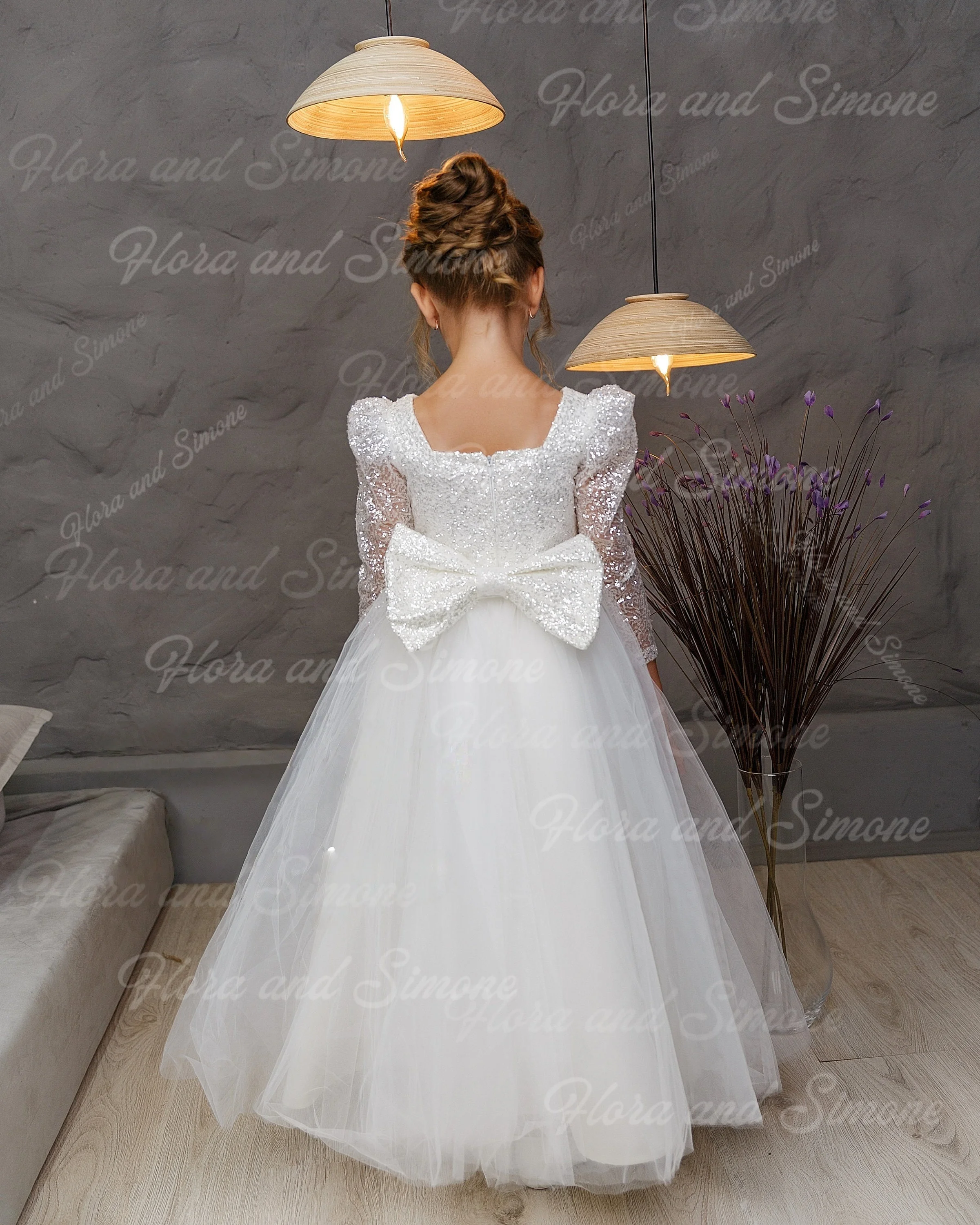 Robe de princesse élégante et brillante, manches longues, avec nœud, à fleurs, pour cérémonie de mariage, cadeau d'anniversaire, célébration de noël