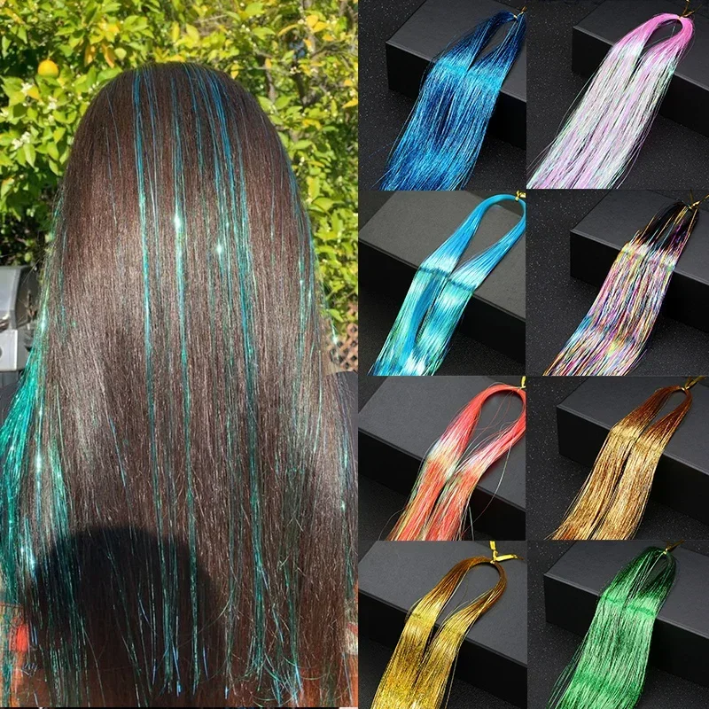 Sparkle Hair Tinsel Rainbow Glitter Strips Hair Extension Shiny Strands Hair Dazzles Women Hippie for Braiding Hairpiece Cosplay