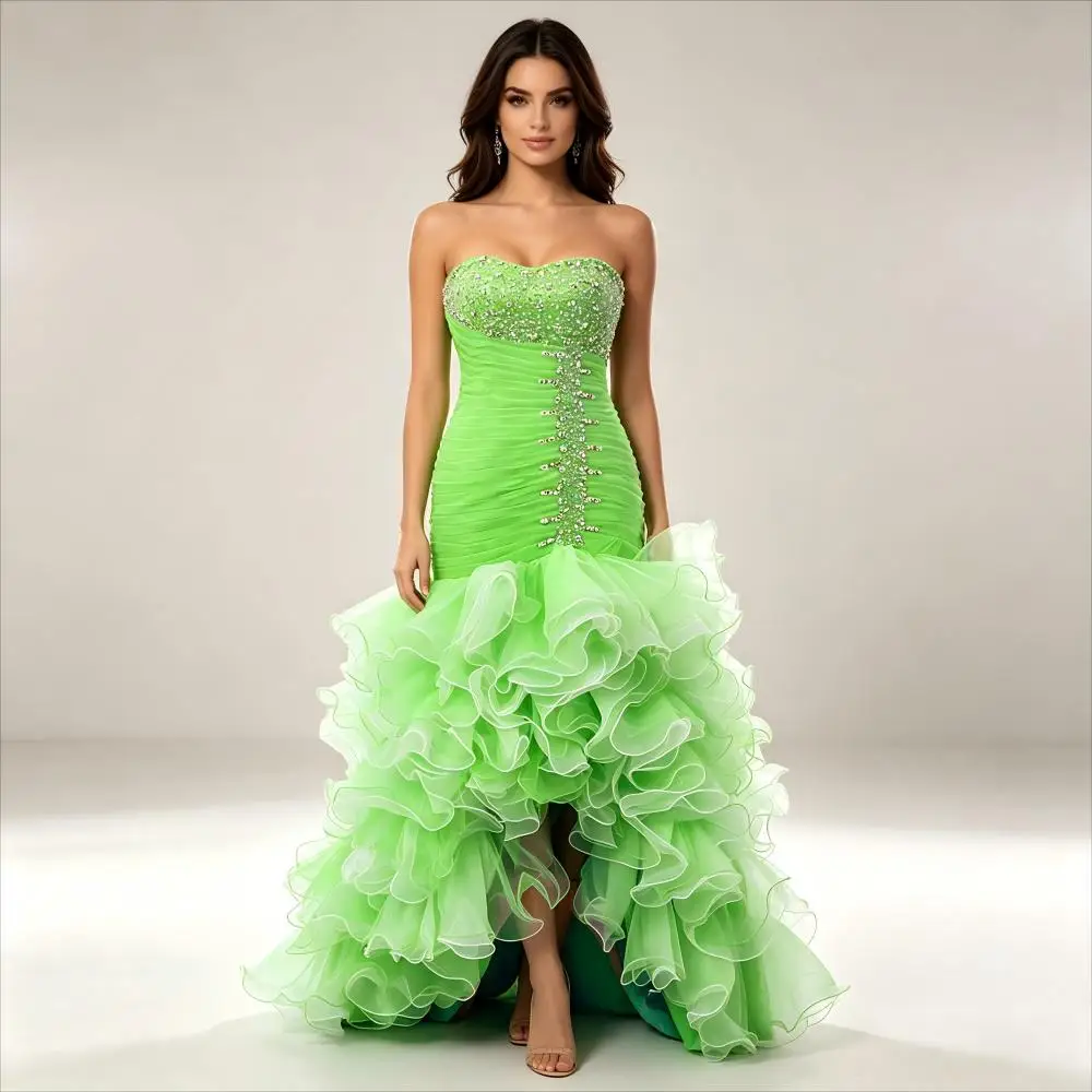 High-end Customization Formal Party Dresses with Handmade Diamonds Green Tulle Evening Gown High Low Style Real Image