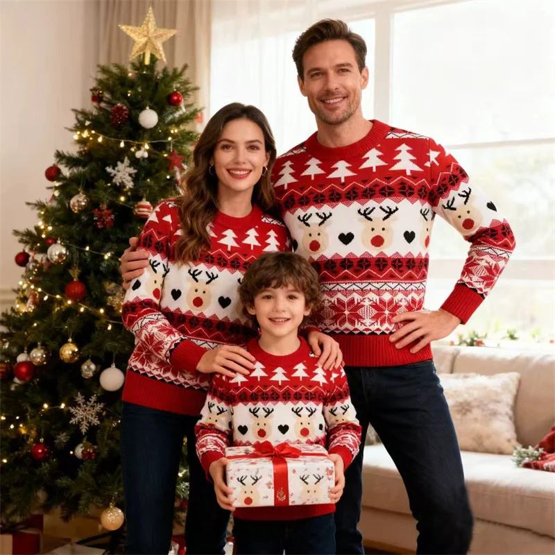 Christmas Family Sweaters Parent-Child Matching Pollover Father Mother Kids Clothing Xmas 2025 New Cartoon Knitted Jumper