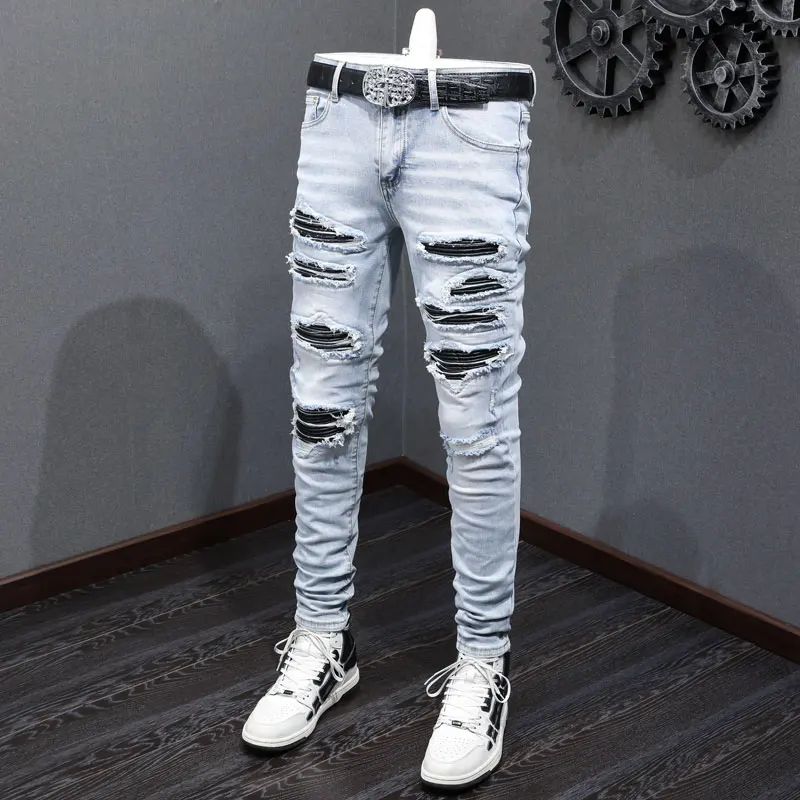 Fashionable new men's light blue jeans with stretch, slim fit, washed and spliced leather jeans, high street hip-hop brand desig