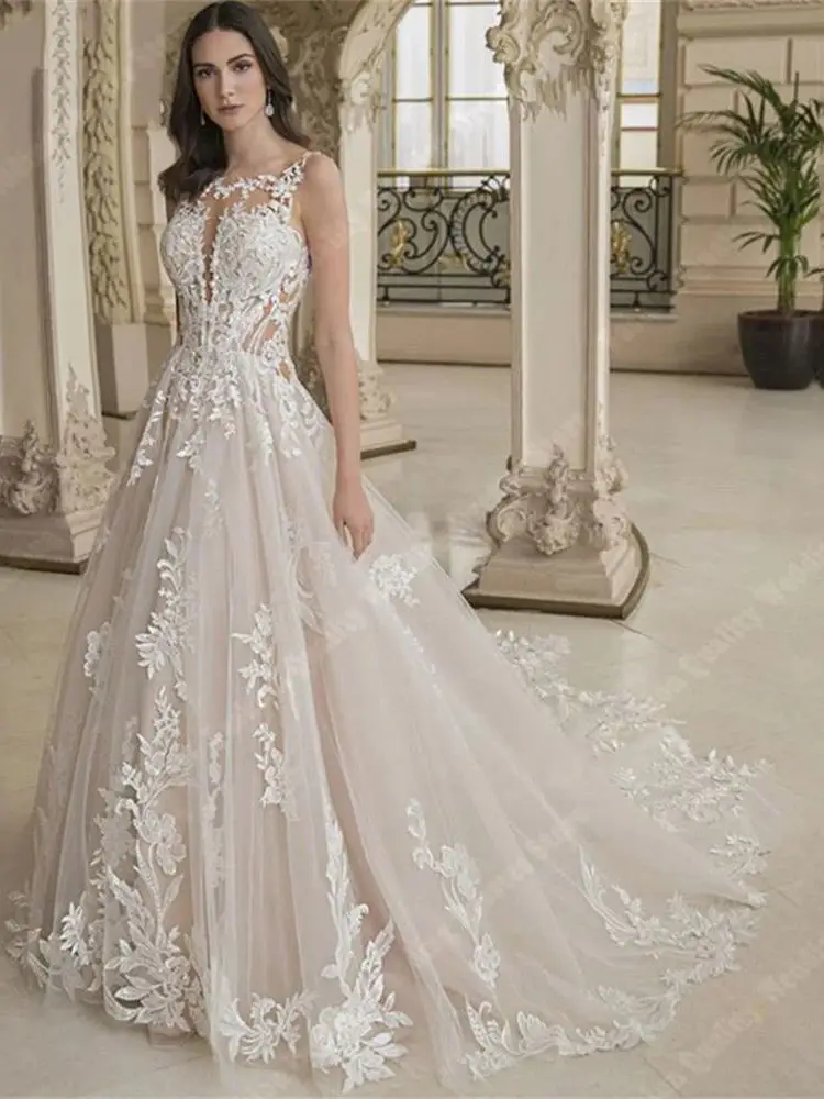 Elegante wunderschöne Frauen Brautkleider Wisch länge Prinzessin Brautkleider formale handgemachte Spitze Aufkleber Party Vestidos de Novia