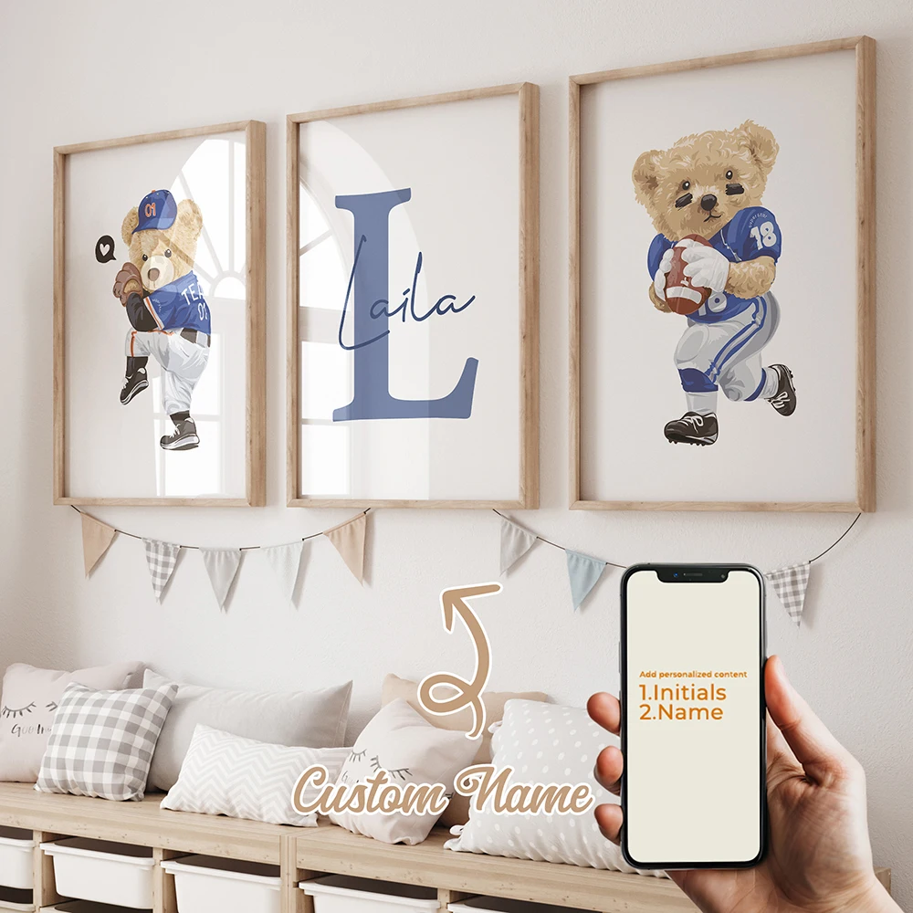 3pcs Personalized Custom Name Cartoon Bear Sports Wall Art Print Picture Canvas Poster Painting For Living Child Room Home Decor
