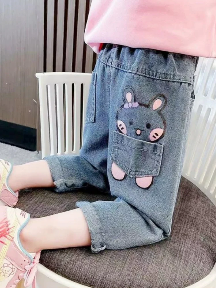 Mädchen-Jeans mit elastischer Taille, modische Denim-Hose mit Hasen-Print, Frühlings- und Herbsthose, lässige Kleidung für Mädchen von 2-10 Jahren – Detail 7