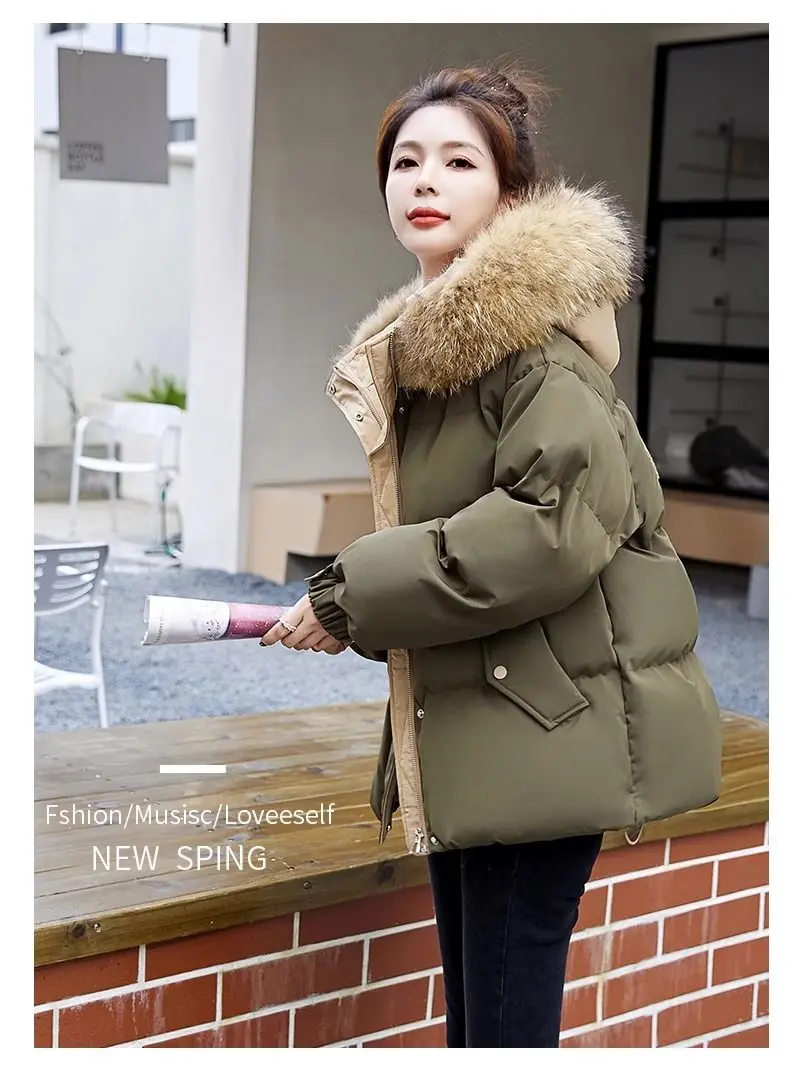 Down Cotton Jacket For Women Short Thickened 2026 Winter New Big Fur Collar Loose Cotton Coat Women's Warm Hooded Jackets Parker