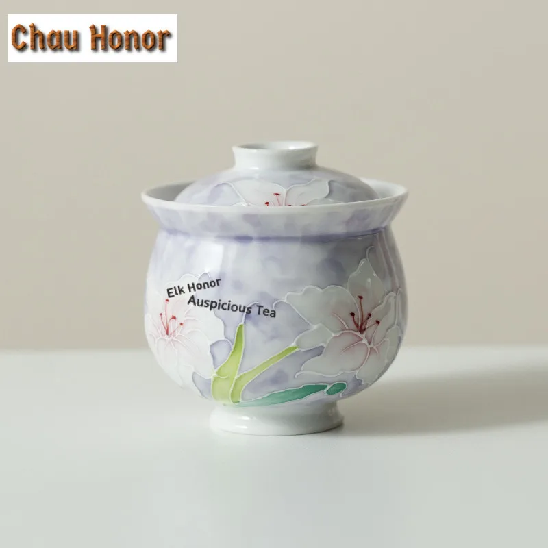 

110ML Pure Hand-painted Lily Handheld Gaiwan Antique Tea Tureen Tea Bowl with Lid Kit Tea Maker Cover Bowl Tableware Collection