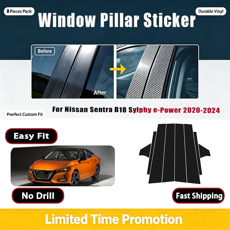 For Nissan Sentra B18 Sylphy e-Power 2020-2024 Car Window Center B C Pillar 8PCS Trim Cover Stickers Decorative Column Protector