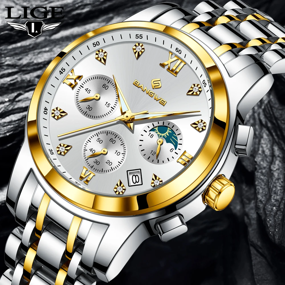 

LIGE Мужские часы Топ Роскошный хронограф Водонепроницаемые кварцевые часы для мужчин Фаза Луны Светящиеся мужские наручные часы Relojes Hombre