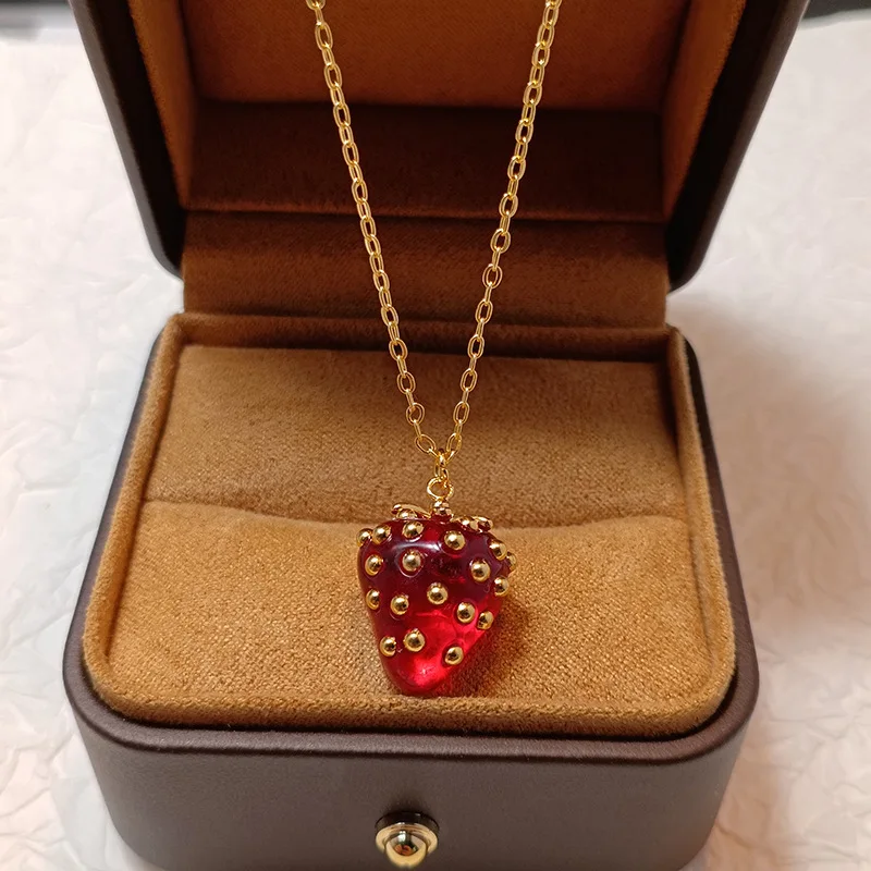 Fruit Series Sweet and Fashionable Gold Color Strawberry Pendant Necklace Women's Anniversary, Dating Jewelry Necklace