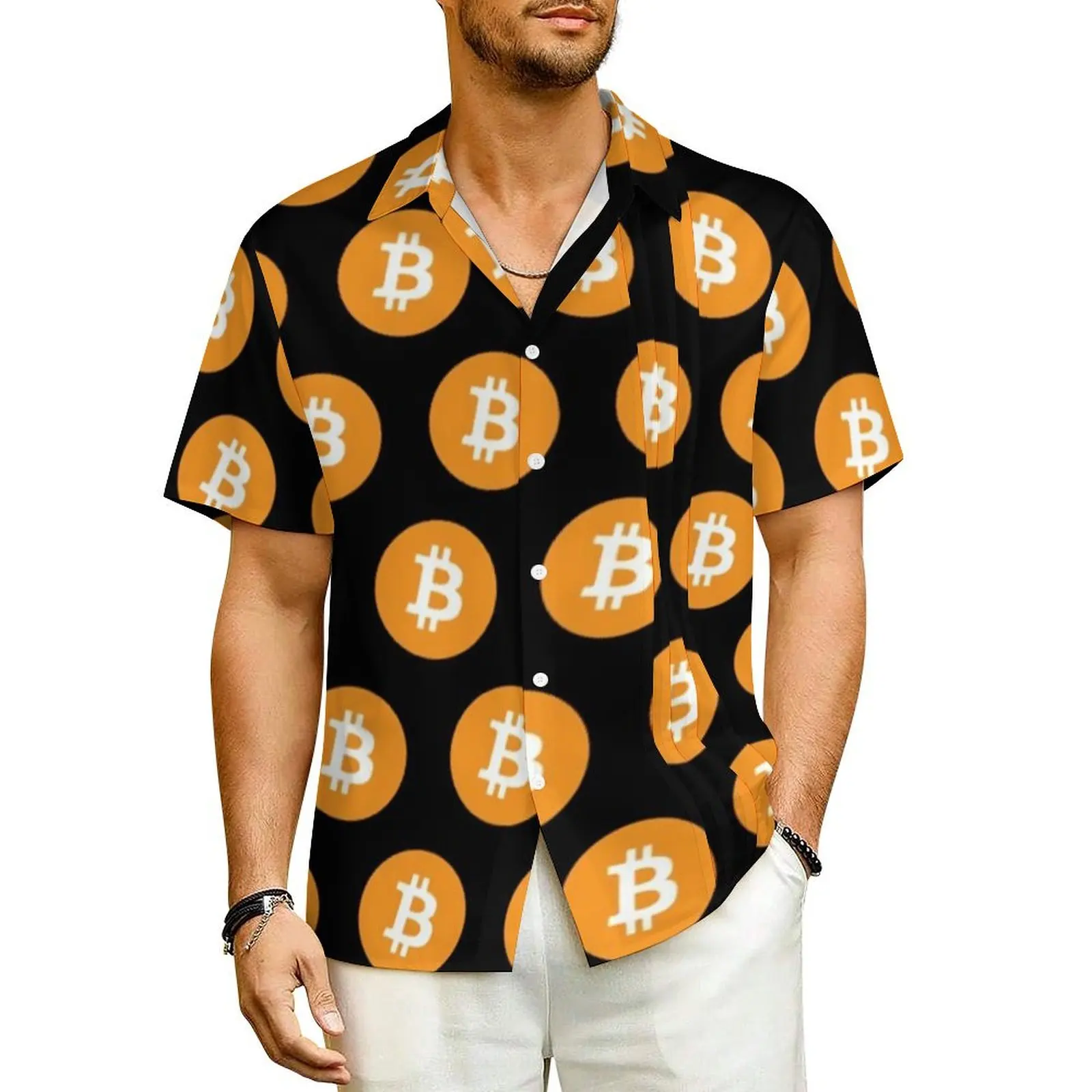 Gold Coin Print Vacation Shirt Men Cryptocurrency Modern Elegant Casual Shirts Hawaiian Short-Sleeve Design Oversized Blouses