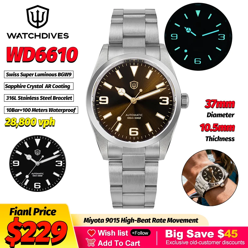 

Роскошные автоматические мужские часы Watchdives WD6610, механические часы Miyota 9015, сапфировые часы BGW9, водонепроницаемые часы из нержавеющей стали, 100 м.