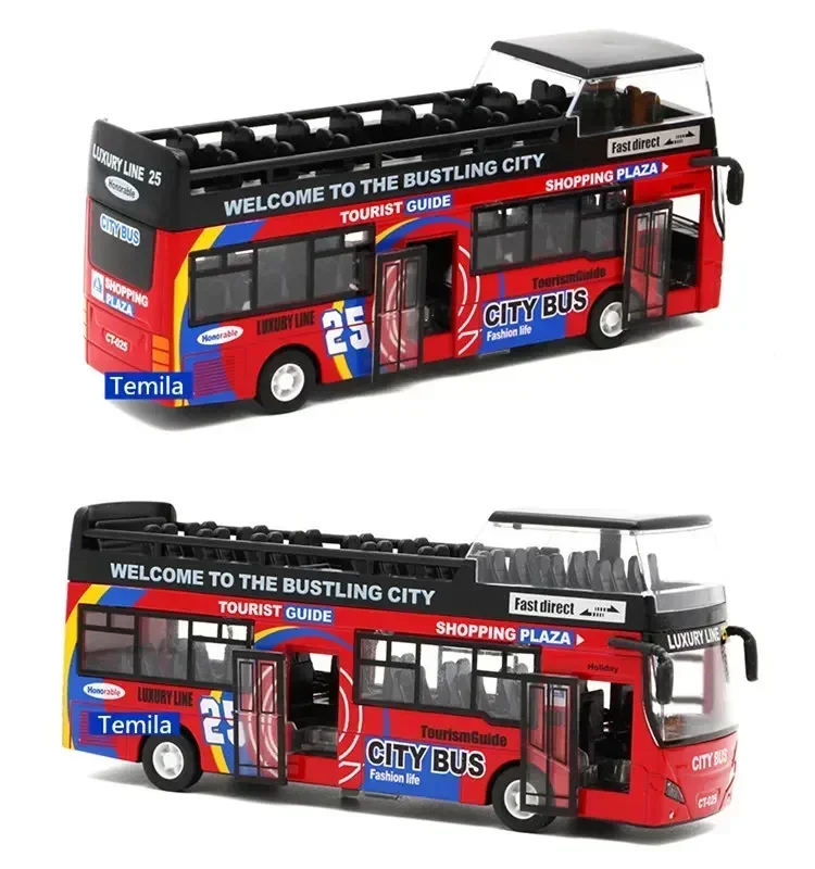 Electronic Sound & Light Double-decker sightseeing bus car Alloy model City tour bus with open door collection model kids gift