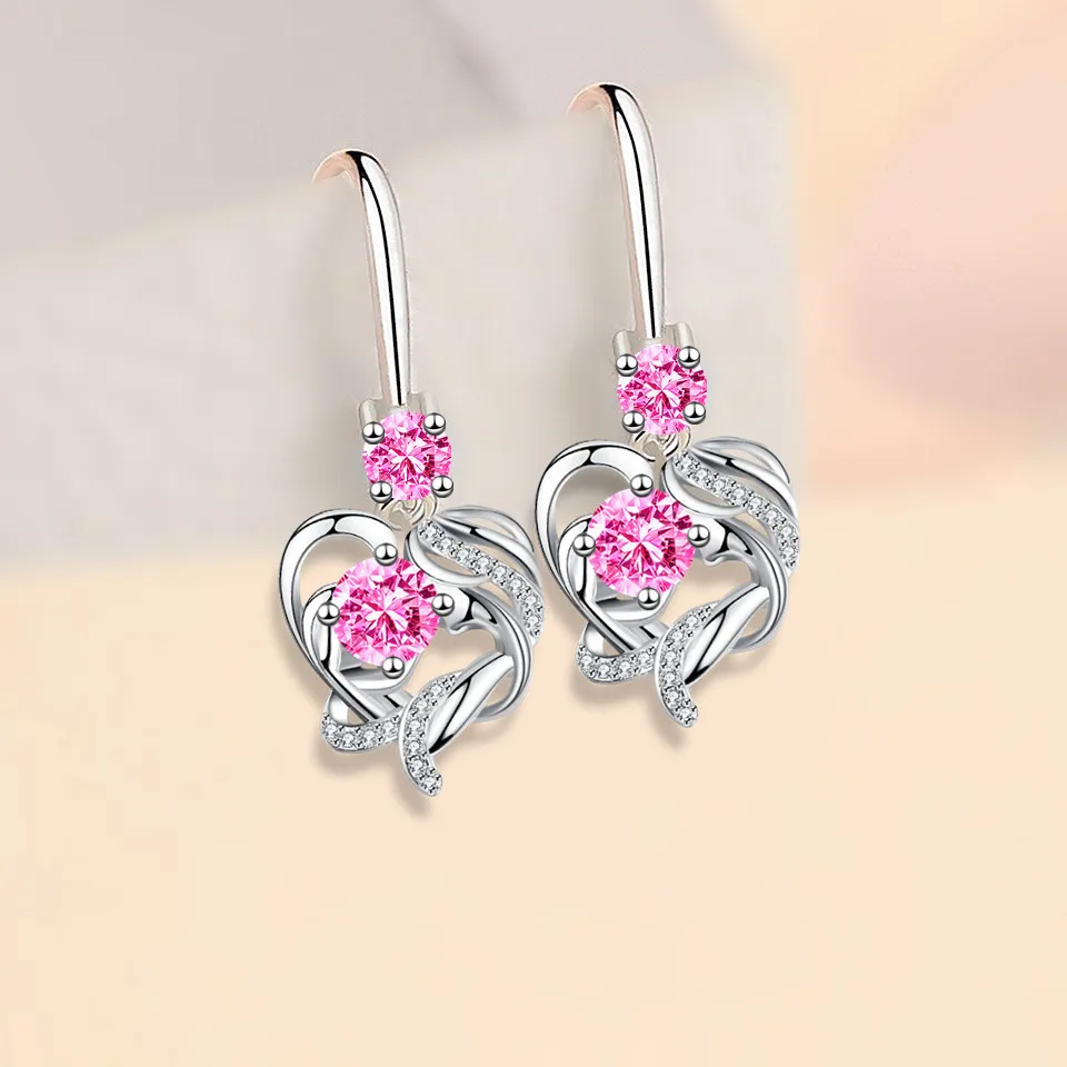 Flower Heart Drop Earrings For Women Silver Color Blue Yellow Red Green Pink Zircon Valentine Dangle Earring Mothers Day Jewelry