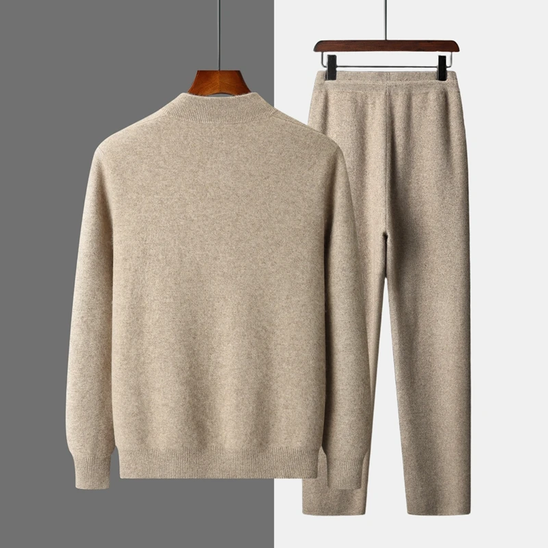 Men's Semi High Neck Zipper Cardigan+High Waist Casual Straight Leg Pants Autumn Winter New 100% Cashmere Knitted Two-Piece Suit